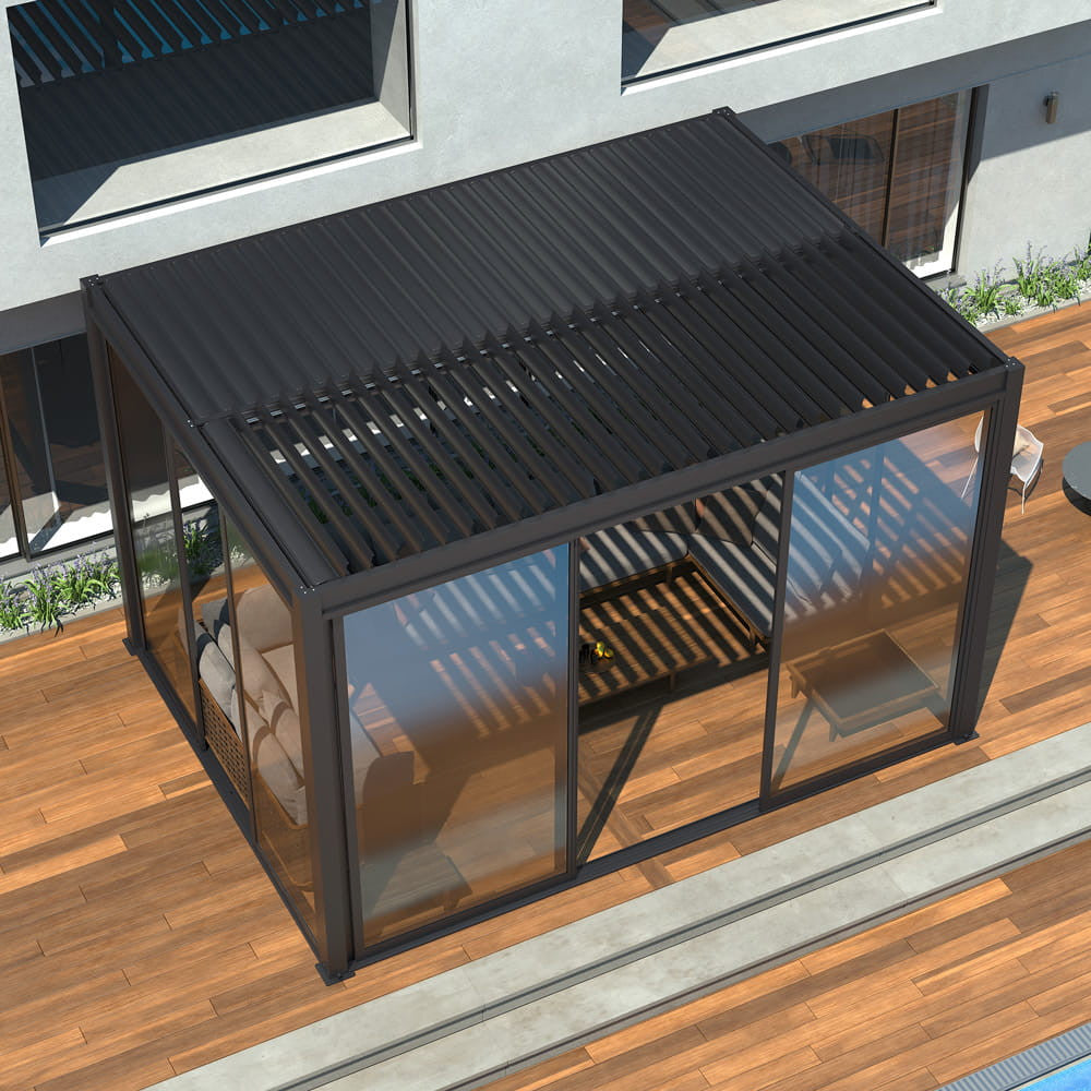 Pergola üveg tolóajtó teraszon, lamellás tetővel - Homelux, 5905610251550