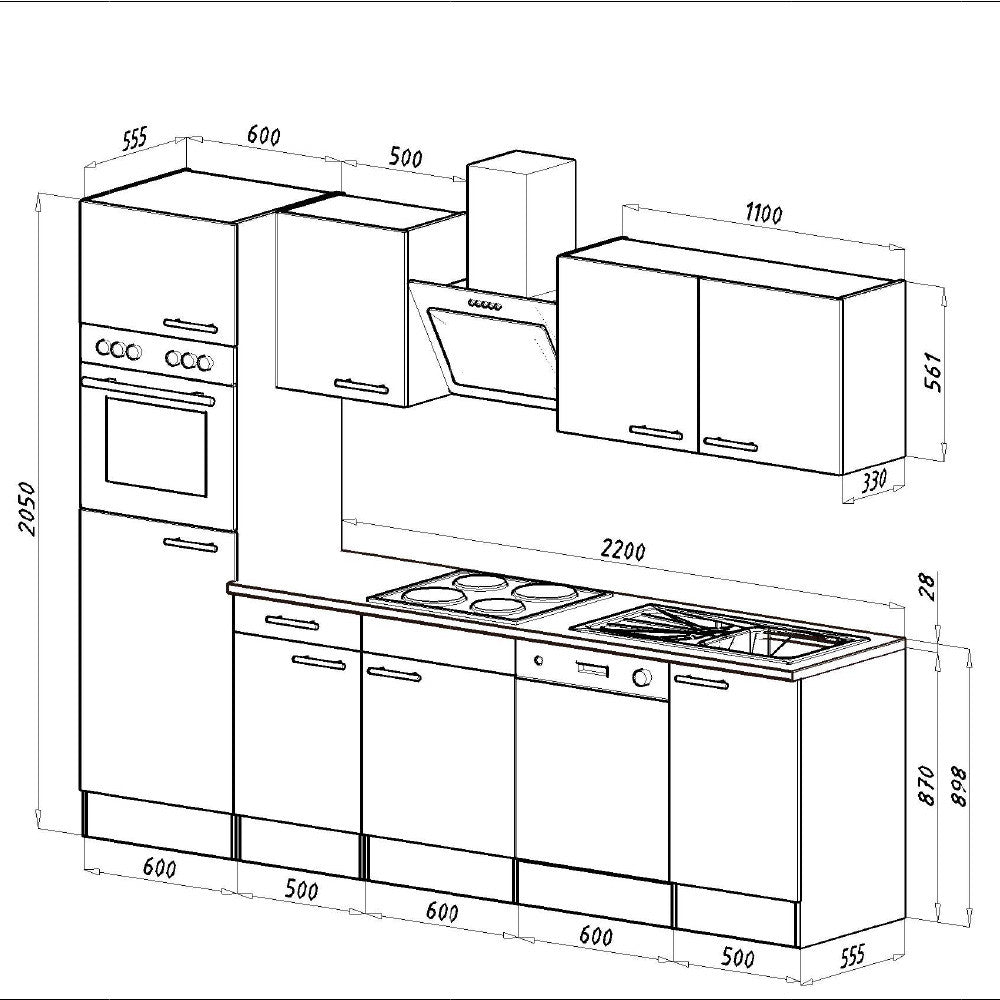 Konyhabútor méretábra 280 cm szélességgel és 2050 mm magassággal - Homelux, L280FHAN