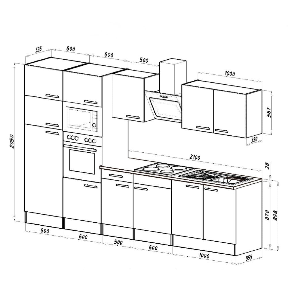 Konyhabútor méretábrája 2050 mm magas felső és 870 mm magas alsó szekrénysorral - Homelux, L330STFH