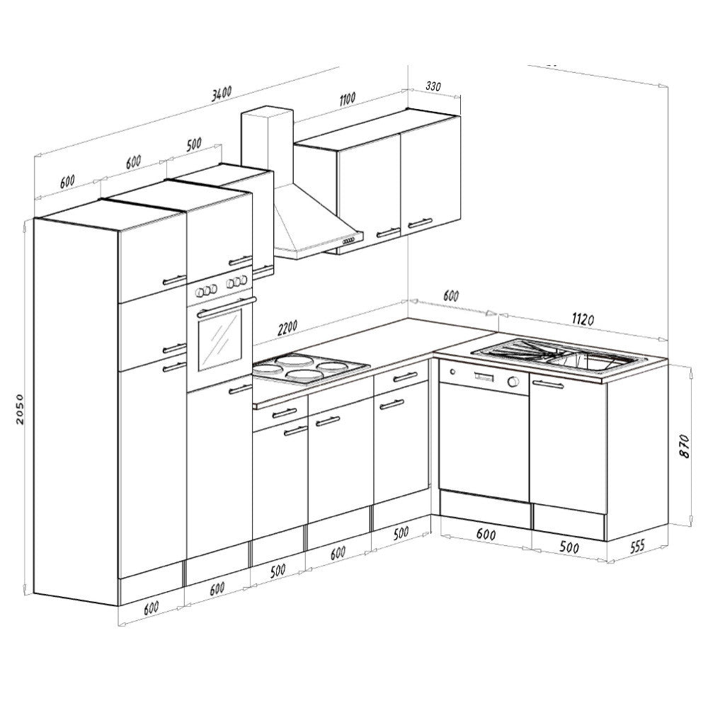 Konyhabútor méretábra 3400 mm teljes szélességgel és 2050 mm magassággal - Homelux, LS340STFH